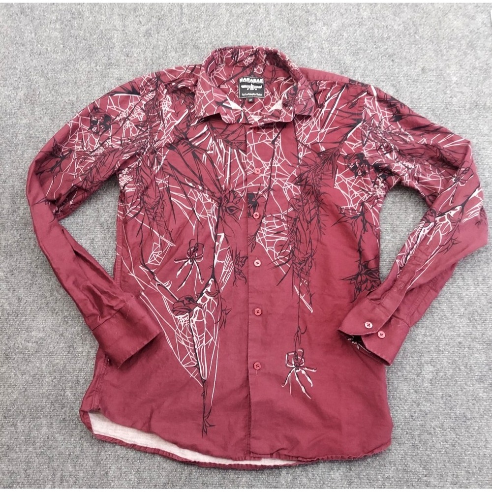Barabas Shirt Mens Medium Red Burgundy Spiders Webs Roses Allover Long‎ Sleeve